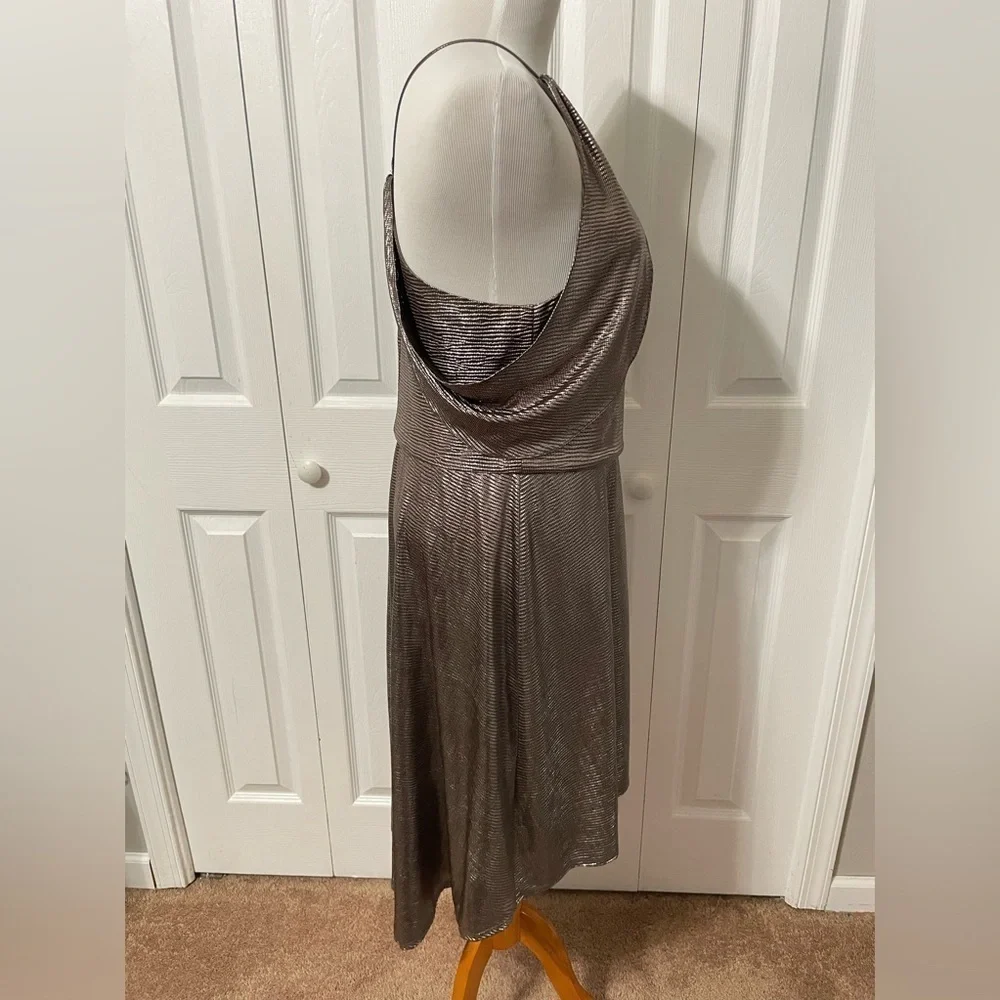 Halston Women’s Hi low Drape Metallic Gunmetal Racer back Midi dress size 8 - Picture 14 of 16